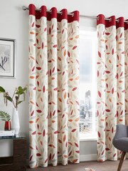 Fusion Red Beechwood Leaves Eyelet Lined Curtains - Image 1 of 2