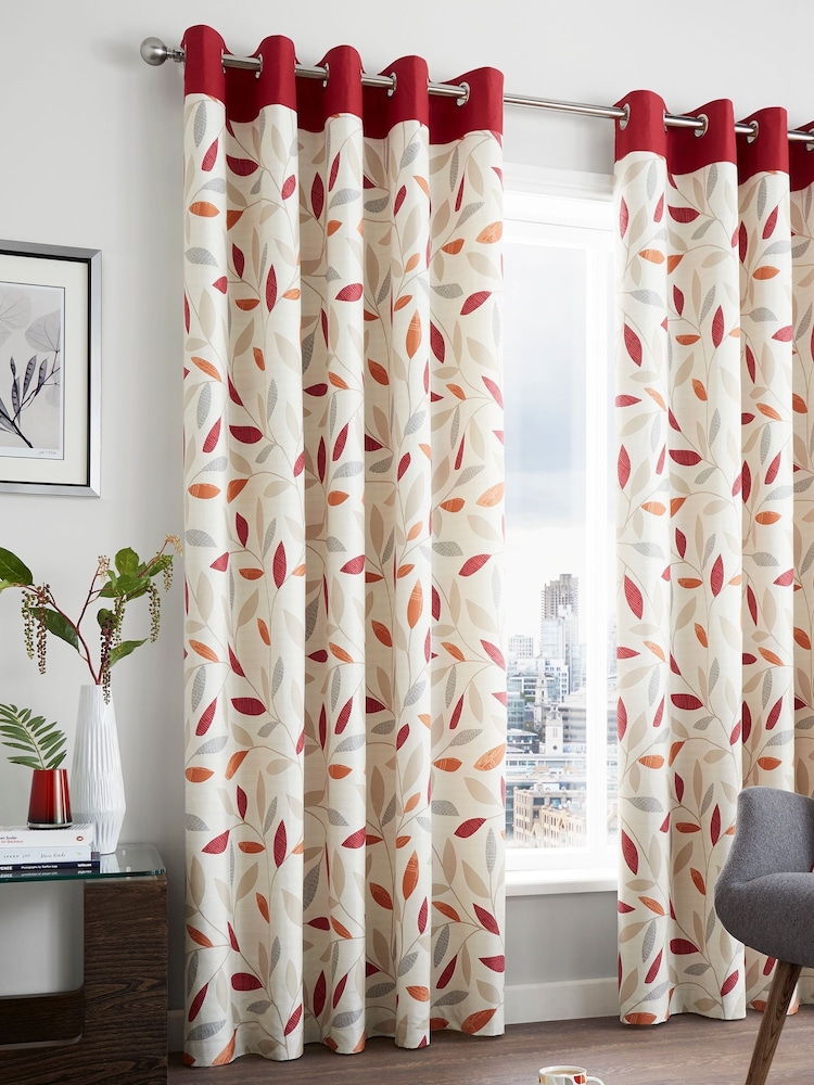 Fusion Red Beechwood Leaves Eyelet Lined Curtains - Image 1 of 2