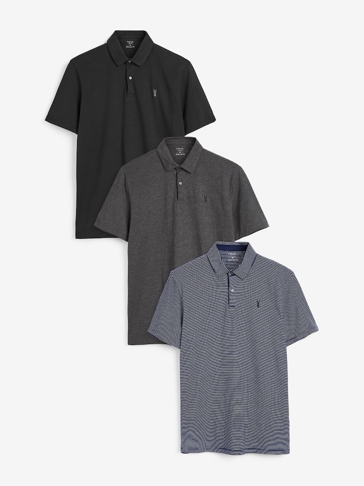 Blue/Charcoal/Black Regular Fit Short Sleeve Jersey Polo Shirts 3 Pack - Image 1 of 9
