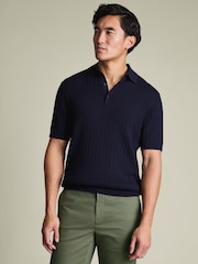 Charles Tyrwhitt Blue Cotton Cable Knit Polo Shirt - Image 1 of 5