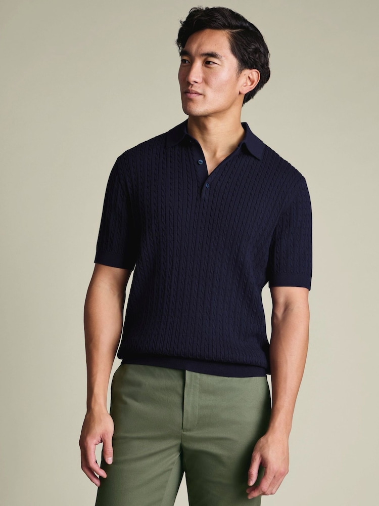 Charles Tyrwhitt Blue Cotton Cable Knit Polo Shirt - Image 1 of 5