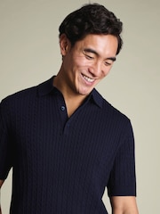 Charles Tyrwhitt Blue Cotton Cable Knit Polo Shirt - Image 2 of 5