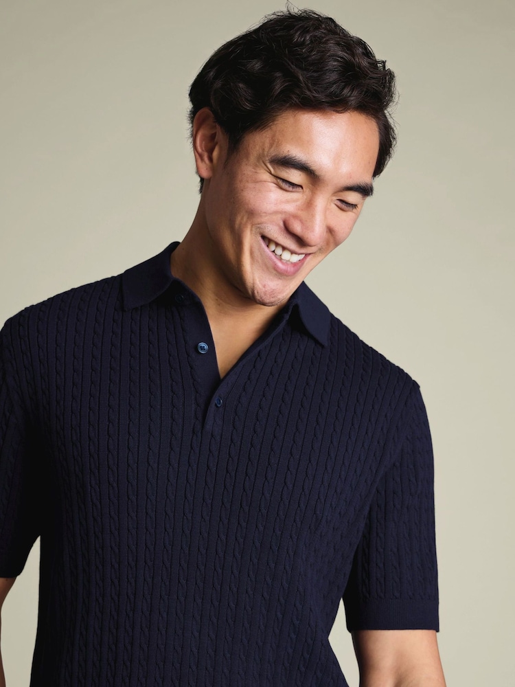 Charles Tyrwhitt Blue Cotton Cable Knit Polo Shirt - Image 2 of 5