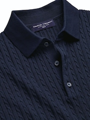 Charles Tyrwhitt Blue Cotton Cable Knit Polo Shirt - Image 4 of 5