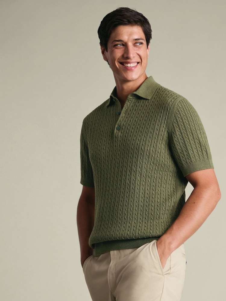 Charles Tyrwhitt Green Cotton cable knit polo - Image 1 of 6