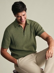 Charles Tyrwhitt Green Cotton cable knit polo - Image 2 of 6