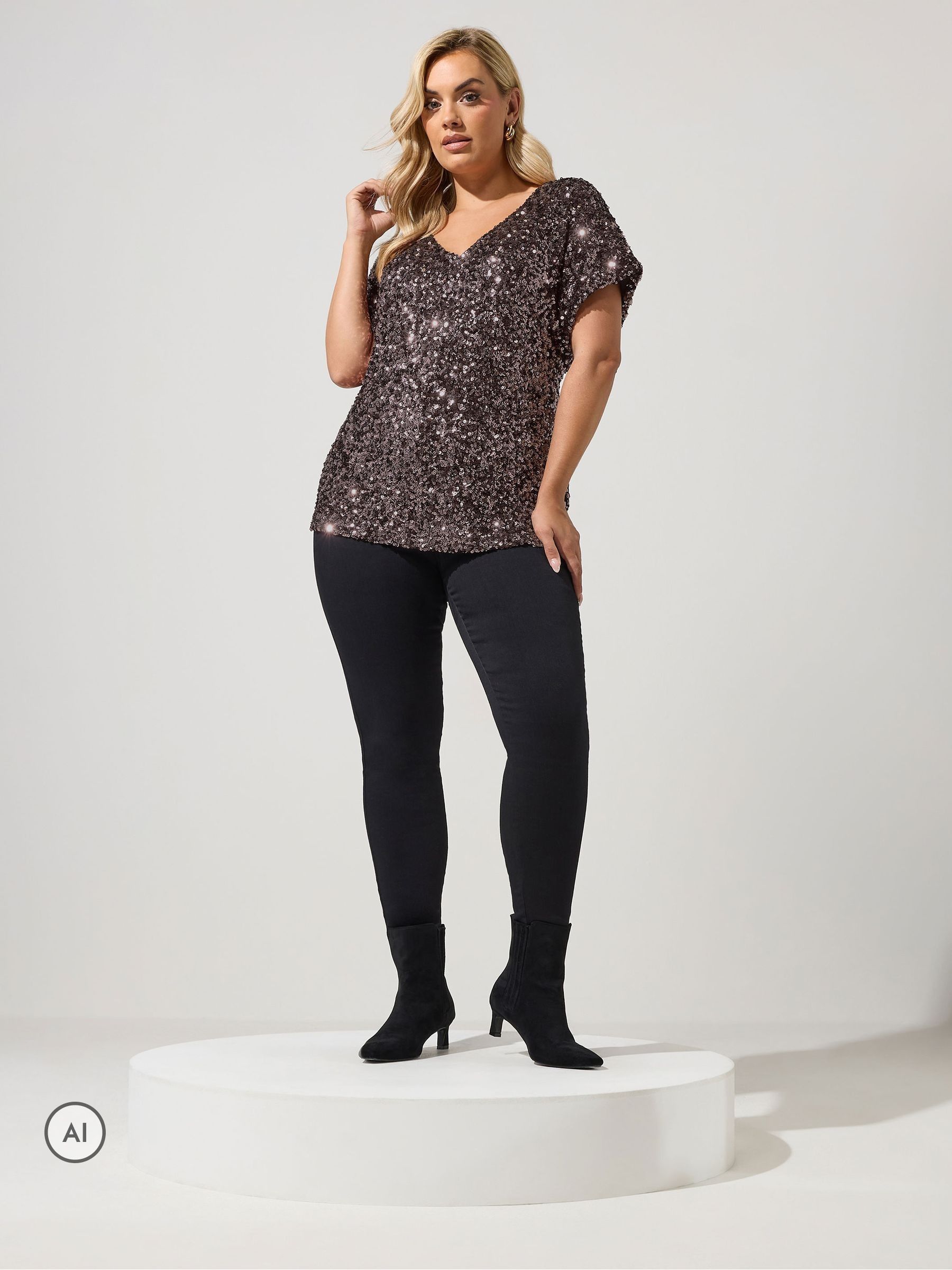 Yours Women's Brown Sequin Short Sleeve Top In | : Size 30-32 - Image 1