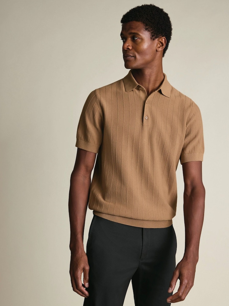 Charles Tyrwhitt Yellow Cotton Stripe Knit Polo Shirt - Image 1 of 6