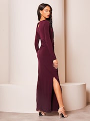 Lipsy Purple Long Sleeve Ruched Front Side Split Maxi Dress - Image 2 of 4