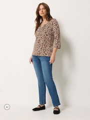 M&Co Brown Animal Print Cotton Long Sleeve Henley Top - Image 2 of 6