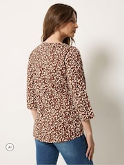 M&Co Brown Animal Print Cotton Long Sleeve Henley Top - Image 3 of 6