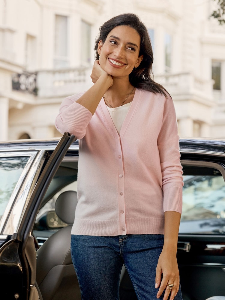 Pure Collection Pink Cashmere V-Neck Cardigan - Image 1 of 3 Pure Collection Pink Cashmere V-Neck Cardigan - Image 1 of 3