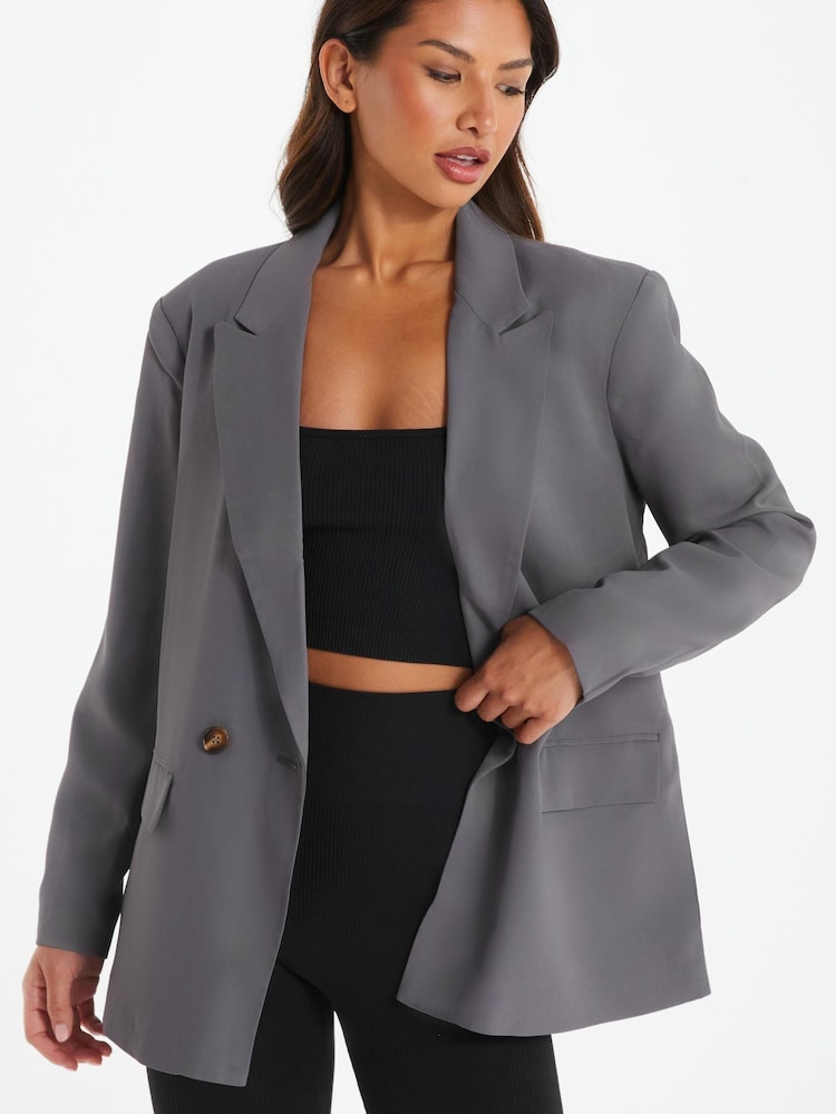 Quiz Grey Woven Oversized Double Breasted Tailored Blazer - Image 1 of 4
