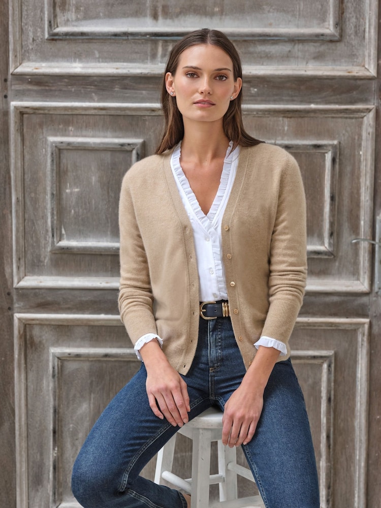 Pure Collection Light Brown Cashmere V-Neck Cardigan - Image 1 of 3