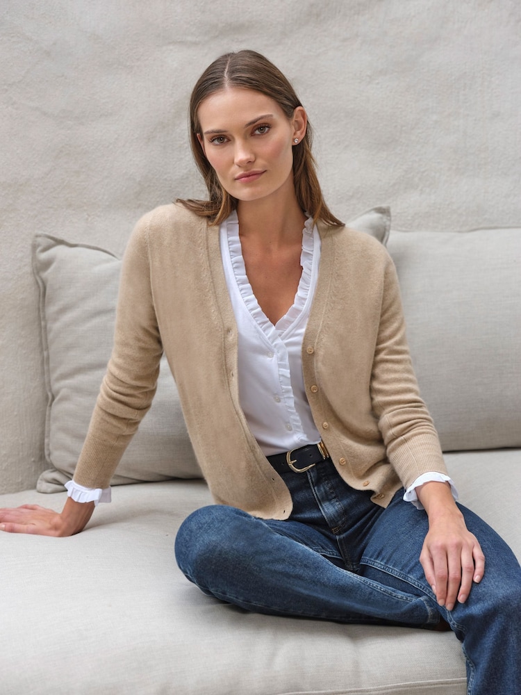 Pure Collection Light Brown Cashmere V-Neck Cardigan - Image 2 of 3