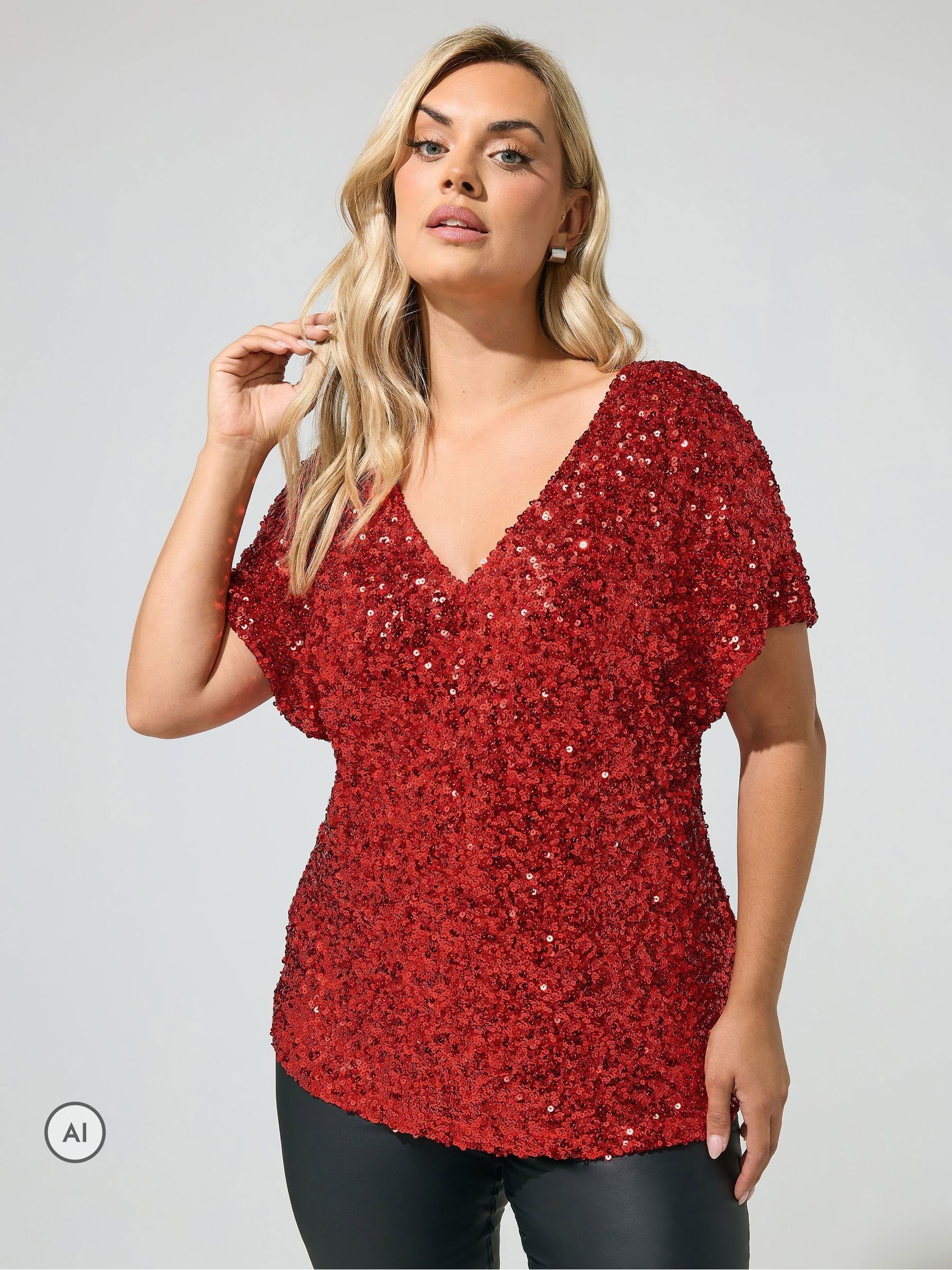 Yours Women's Sequin Short Sleeve Top in Red | Size: 30-32 - Image 3