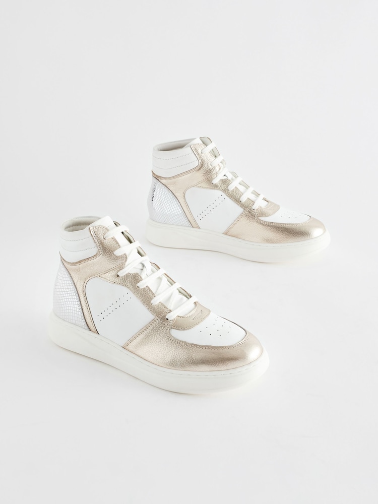 White/Gold Signature Leather High Top Trainers - Image 1 of 5