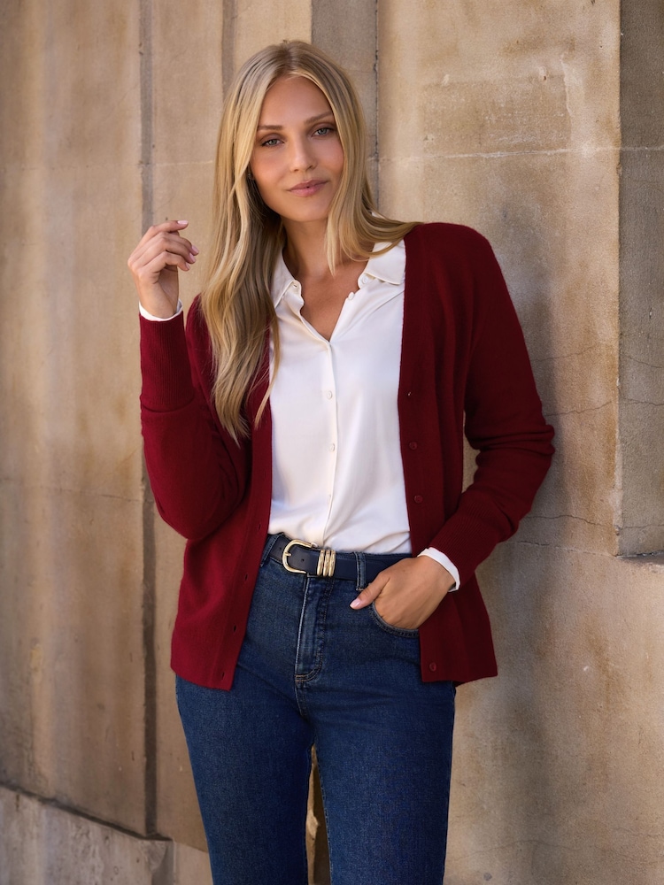 Pure Collection Red Cashmere V-Neck Cardigan - Image 1 of 3 Pure Collection Red Cashmere V-Neck Cardigan - Image 1 of 3