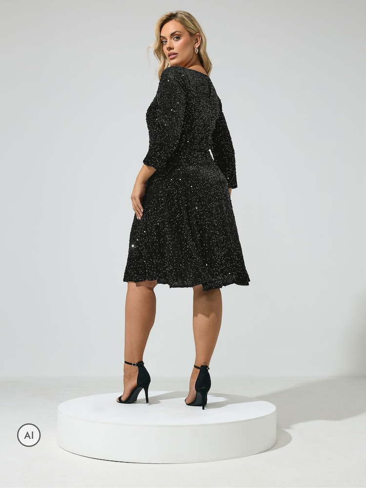 Yours Curve Black London Sequin Velvet Mini Dress - Image 3 of 3 Yours Curve Black London Sequin Velvet Mini Dress - Image 3 of 3