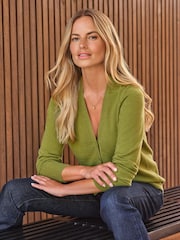 Pure Collection Green Cashmere V-Neck Cardigan - Image 1 of 3