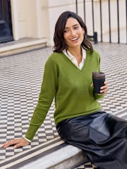 Pure Collection Olive Green Cashmere V-Neck Jumper - Image 1 of 3