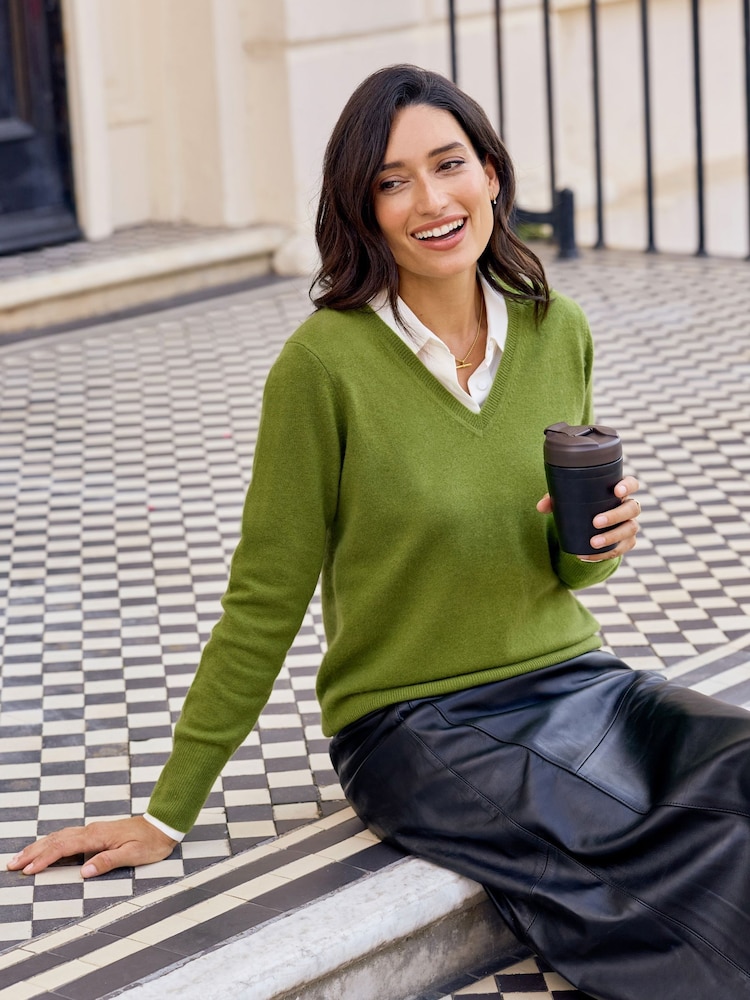 Pure Collection Olive Green Cashmere V-Neck Jumper - Image 1 of 3 Pure Collection Olive Green Cashmere V-Neck Jumper - Image 1 of 3