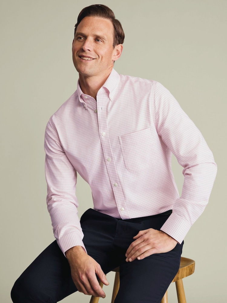 Charles Tyrwhitt Pink Non-Iron Stretch Oxford Button Down Check Shirt - Image 2 of 7