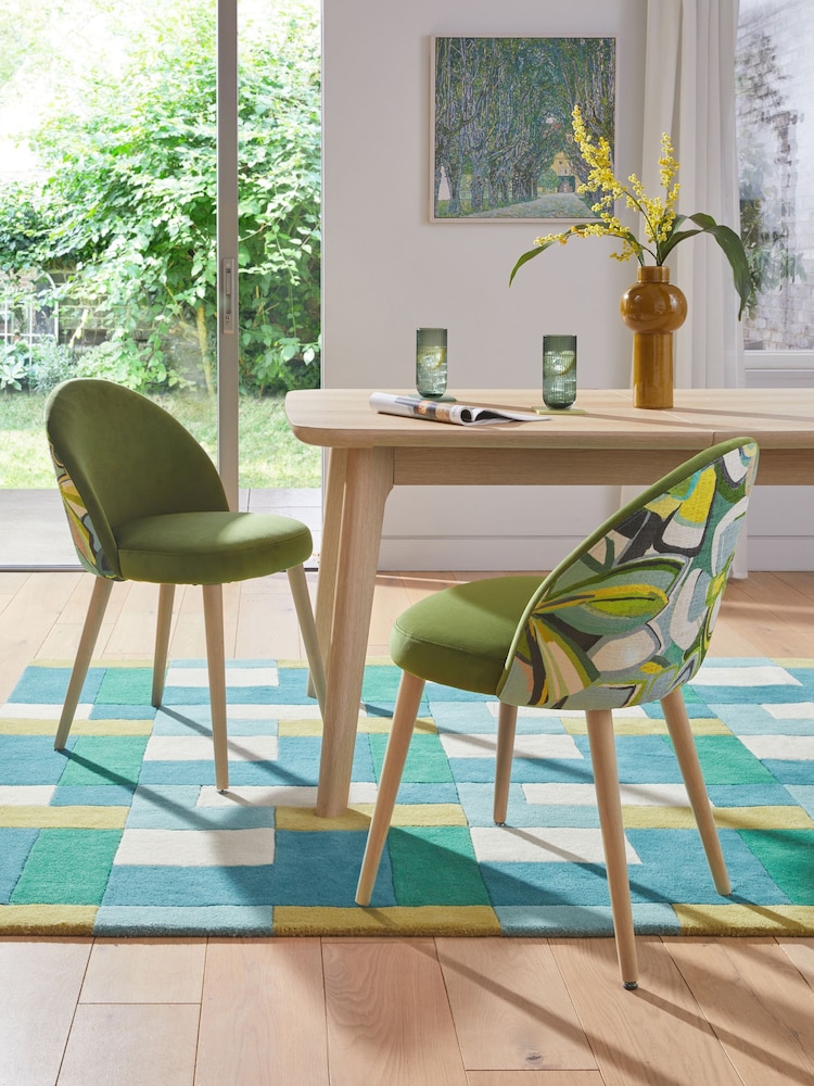 Set of 2 Soft Velvet Olive Green Leaf Print Newman Light Wood Leg Dining Chairs - Image 1 of 7
