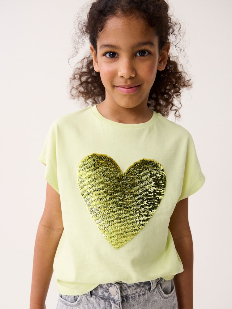 Lime Green Heart Sequin T-Shirt (3-16yrs) - Image 1 of 7