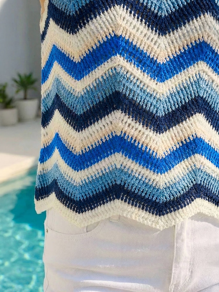 Roman Blue Zig Zag Stripe Crochet Knit Vest - Image 4 of 4 Roman Blue Zig Zag Stripe Crochet Knit Vest - Image 4 of 4