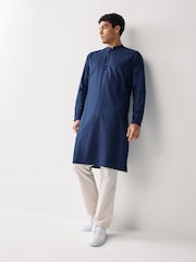 Navy Blue Regular Fit Signature 100% Cotton Kurta - Image 1 of 7