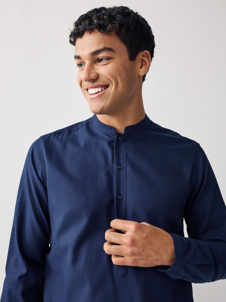 Navy Blue Regular Fit Signature 100% Cotton Kurta - Image 2 of 7