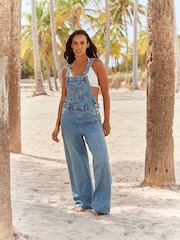 Mid Blue 100% Cotton Denim Wide Leg Dungarees - Image 1 of 7