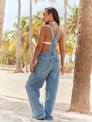 Mid Blue 100% Cotton Denim Wide Leg Dungarees - Image 3 of 7