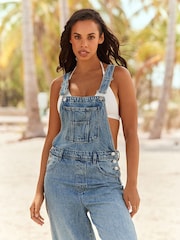 Mid Blue 100% Cotton Denim Wide Leg Dungarees - Image 4 of 7