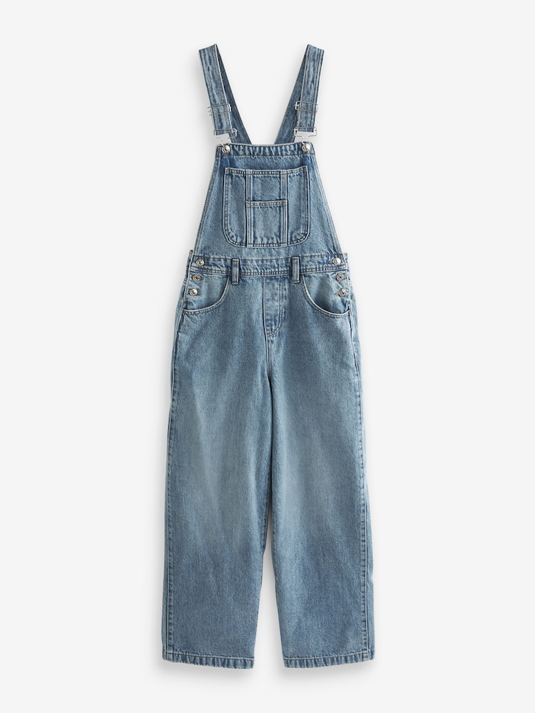 Mid Blue 100% Cotton Denim Wide Leg Dungarees - Image 6 of 7