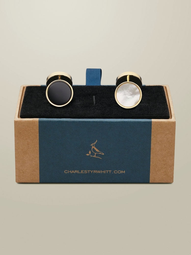 Charles Tyrwhitt Yellow Mother of Pearl and Onyx Evening Cufflinks - Image 2 of 2