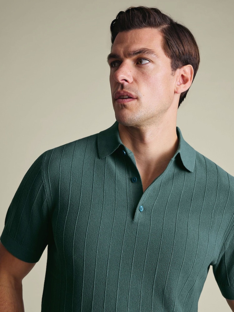 Charles Tyrwhitt Green Cotton stripe knit polo - Image 2 of 5