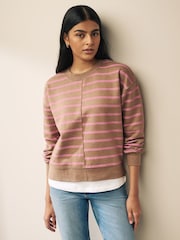 Neutral/Blush Pink Layered Spliced Stripe T-Shirt Overlay Sweatshirt - Image 2 of 6
