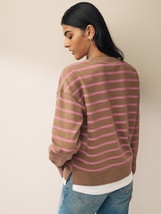 Neutral/Blush Pink Layered Spliced Stripe T-Shirt Overlay Sweatshirt - Image 3 of 6