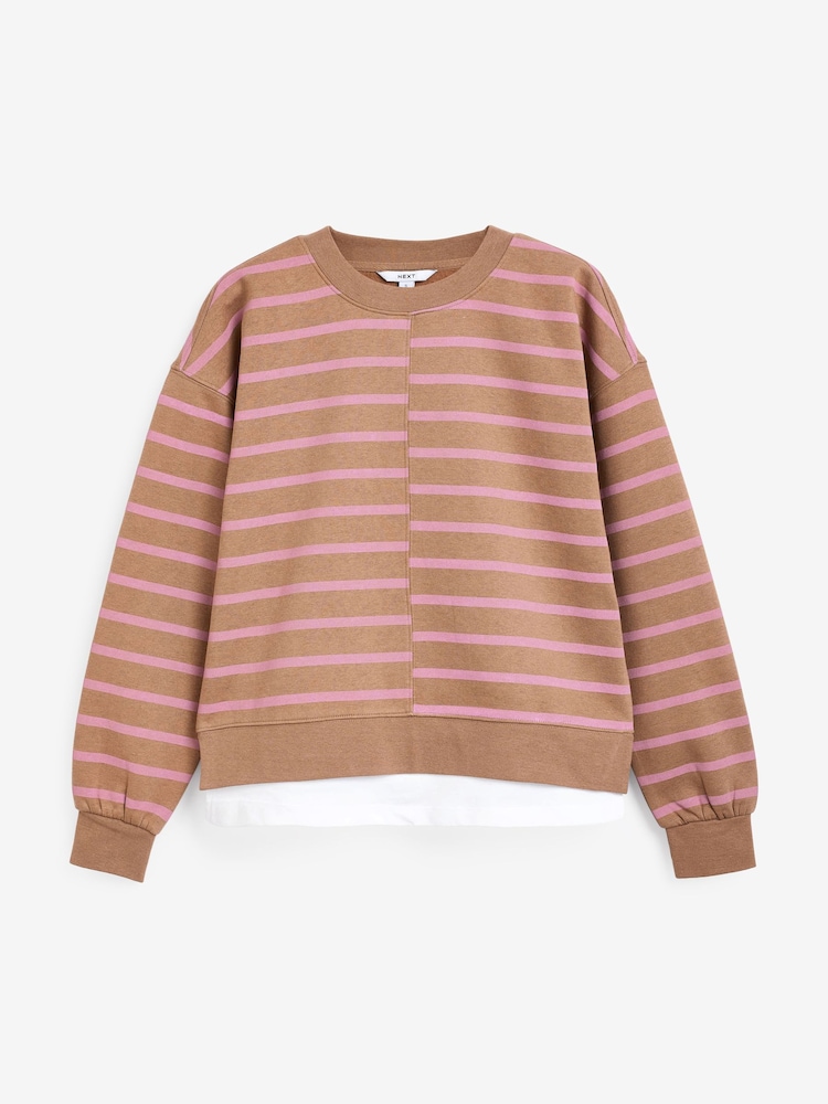 Neutral/Blush Pink Layered Spliced Stripe T-Shirt Overlay Sweatshirt - Image 5 of 6