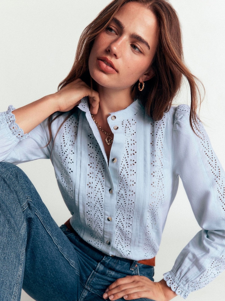 Boden Blue Cotton Broderie Top - Image 1 of 4 Boden Blue Cotton Broderie Top - Image 1 of 4