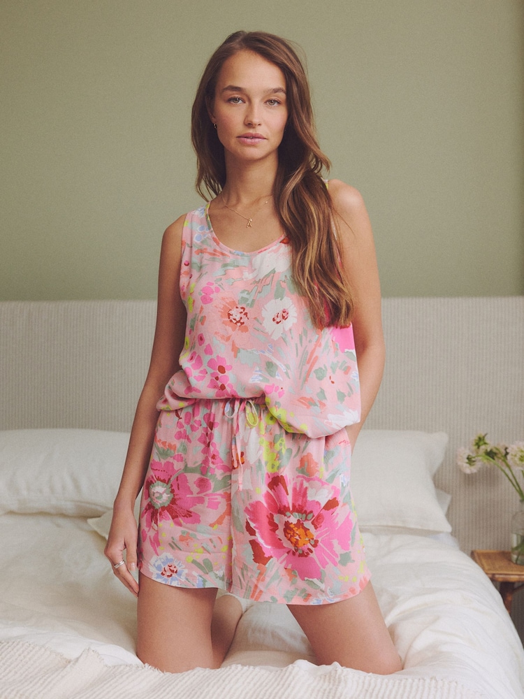 Pink Floral Vest Short Pyjamas Set - Image 1 of 8 Pink Floral Vest Short Pyjamas Set - Image 1 of 8
