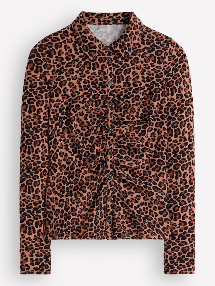 Boden Brown Leopard Print Imi Ruched Jersey Shirt - Image 4 of 4