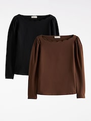 Love & Roses Black and Chocolate Brown Scallop Boat Neck Long Sleeve Top - Image 1 of 7