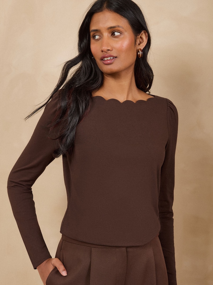 Love & Roses Black and Chocolate Brown Scallop Boat Neck Long Sleeve Top - Image 2 of 7
