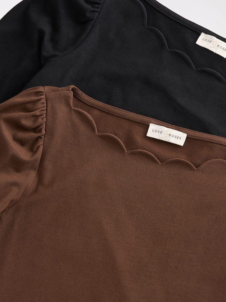 Love & Roses Black and Chocolate Brown Scallop Boat Neck Long Sleeve Top - Image 7 of 7