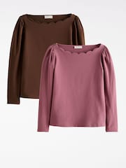 Love & Roses Chocolate Brown and Mauve Purple Scallop Boat Neck Long Sleeve Top - Image 1 of 6