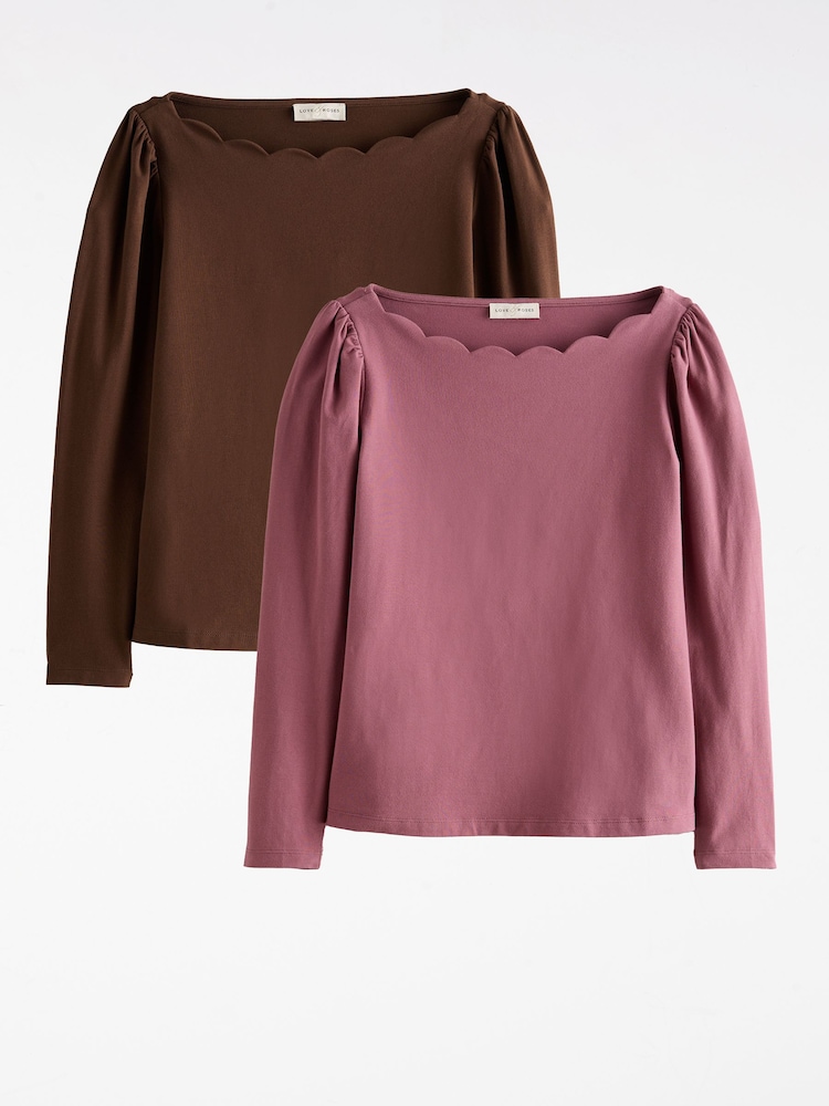 Love & Roses Chocolate Brown and Mauve Purple Scallop Boat Neck Long Sleeve Top - Image 1 of 6