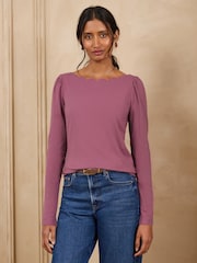 Love & Roses Chocolate Brown and Mauve Purple Scallop Boat Neck Long Sleeve Top - Image 2 of 6